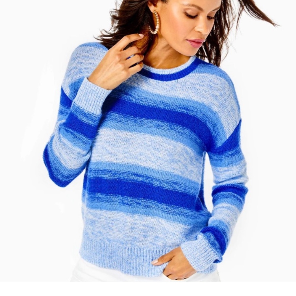 Lilly Pulitzer Elannie Sweater Blue Grotto Marled Ombre Stripe Sz XL